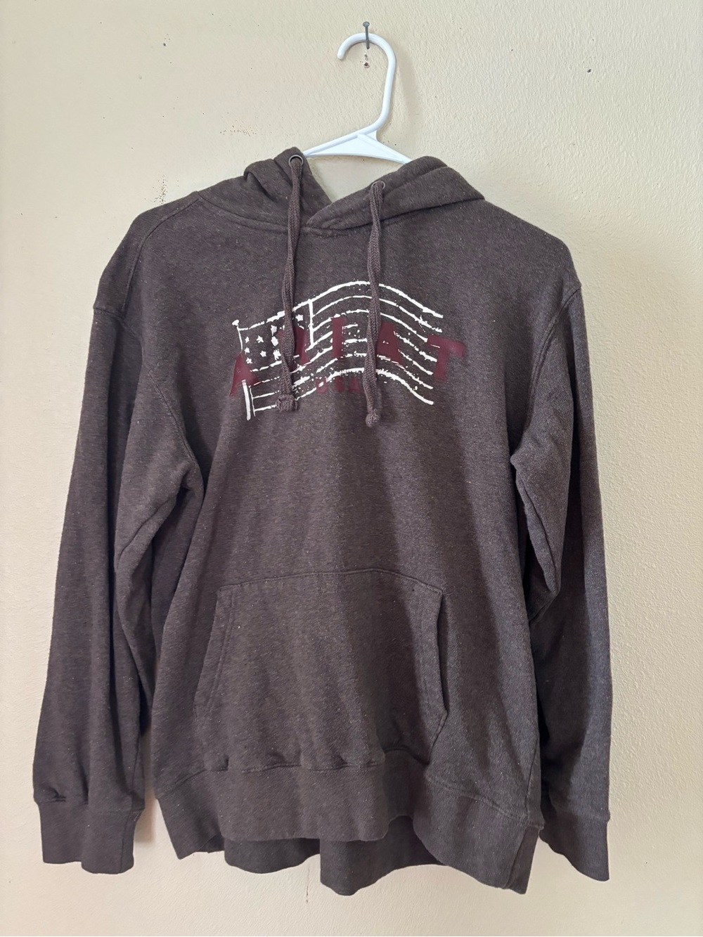 Ariat Dark Brown Hoodie with White and Maroon Flag Graphic
